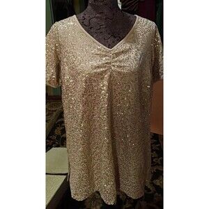 Roaman’s 14W 2PC Champagne Sequin Tunic Top Pants Set NWOT